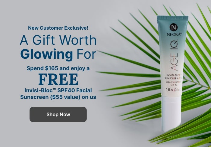 Alt text: New Customer Exclusive: Spend $165 and enjoy a FREE Invisi-Bloc SPF40 Facial Sunscreen ($55 value). Featured is an Invisi-bloc tube next to a palm tree branch.

